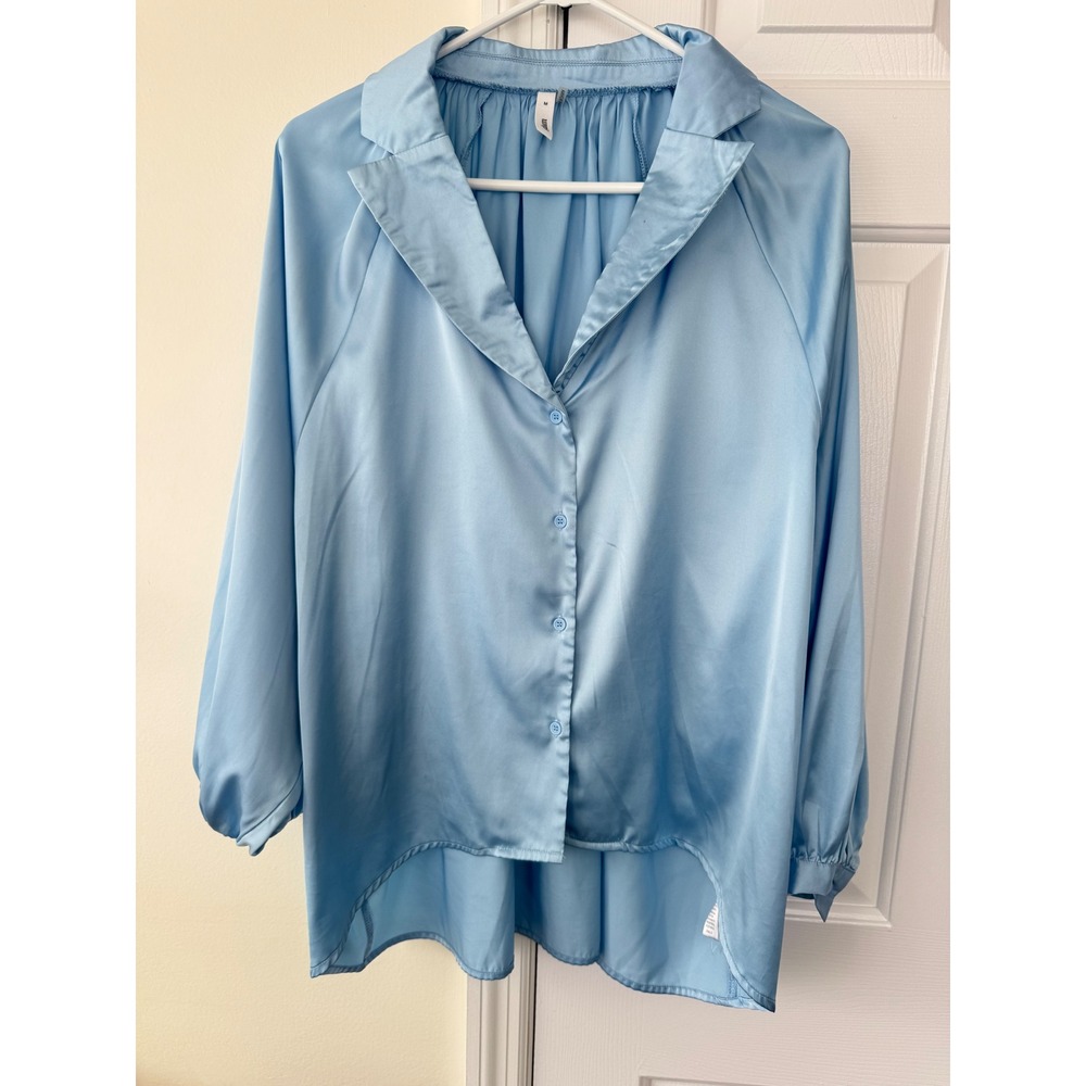 glam Sky Blue Satin Button-Front Blouse